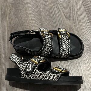 Dolce Vita Black and White Sandals with Textured Straps and Gold Accents